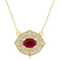 14K yellow gold ruby double diamond halo pendant necklace from the Reis-Nichols Collection. The necklace features one oval ruby weighing .97 ctw and round brilliant cut diamonds weighing .35 ctw. The necklace measures 18" in length. Royal Ruby, Double Diamond, Halo Pendant, Ruby Necklace, Royal Jewelry, Diamond Halo, Style Gift, Round Brilliant Cut Diamond, Round Brilliant Cut