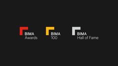 three different logos with the words bma awards and hall of fame on them, all in