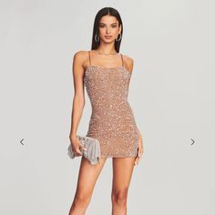 An Instant Classic, Our Dionne Dress Was Designed To Stand The Test Of Time. This Streamlined Mini Tube Dress Features Hand-Stitched Sequin Embroidery And Spaghetti Straps. The No-Slip Interior Top Trim Keeps Your Dress In Place While You Dance The Night Away. Shown Here In Silver/Nude. Handmade 100% Nylon Made In India Model Is 5'10" Wearing Size S Style No. Pf22-5403 Sold Out On Retrofete + Revolve Fitted Champagne Mini Dress For Evening, Champagne Mini Length Cocktail Dress, Champagne Mini Cocktail Dress, Champagne Mini Dress For Summer Gala, Mini Tube Dress, Sequin Embroidery, Sparkle Dress, Sequins Embroidery, Sequin Mini