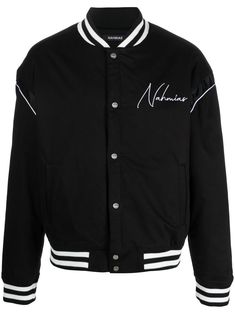 black/white cotton blend stripe detailing embroidered logo at the chest graphic print to the rear front press-stud fastening long sleeves straight hem Mens Designer Fashion, Bomber Jackets, Mens Outerwear, Outerwear Jackets, White Cotton, Graphic Prints, Designer Fashion, Varsity Jacket, Bomber Jacket