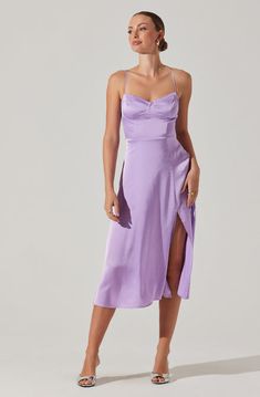 Enola Satin Smocked Midi Dress – ASTR the Label Satin Lilac Dress, Lavender Outfit, Purple Formal Dress, Door Games, Character Fashion, Dress Amazon, Dress Code Wedding, Lavender Dress, Cocktail Dress Wedding