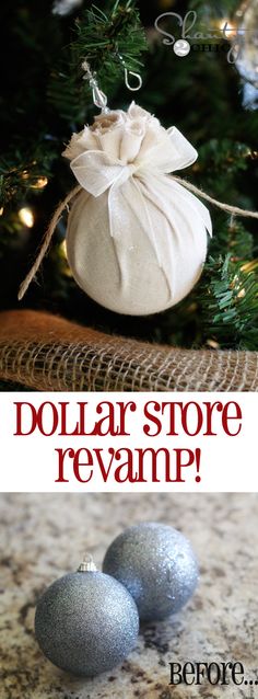 a white ornament hanging from a christmas tree