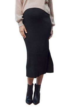 This lightly ribbed pull-on skirt cut in a pencil silhouette is so supersoft and stretchy that you'll want to wear them through your pregnancy and beyond. 40% cotton, 33% acrylic, 27% nylon Machine wash, tumble dry Imported Trendy Stretch Solid Color Pencil Skirt, Knee-length Ribbed Fitted Bottoms, Ribbed Midi Skirt For Work, Trendy Fitted Pencil Skirt For Winter, Stretch Midi-length Winter Bottoms, Fitted Ribbed Midi Skirt, Chic Fitted Ribbed Skirt, Trendy Stretch Midi Pencil Skirt, Fitted Ribbed Knee-length Skirt