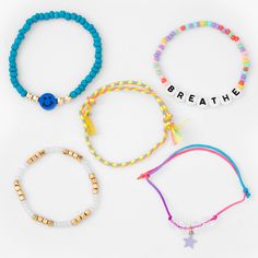 Accessorize your wrists in style and with a smile! This pretty set includes 3 beaded stretch bracelets and 2 adjustable bracelets, some with charms and one with the word "Breathe", in a rainbow of colors to accent any outfit. Pack Size: 5 Material: Plastic - Claire's Breathe Novelty Beaded Stretch Bracelets - 5 Pack Trendy Adjustable Assorted Beaded Bracelets, Playful Adjustable Friendship Bracelets With Round Beads, Adjustable Playful Friendship Bracelets With Round Beads, Adjustable Letter Beads Friendship Bracelets, Trendy Adjustable Charm Bracelet With Round Beads, Trendy Friendship Bracelets With Round Beads For Everyday, Trendy Friendship Bracelets With Letter Beads, Trendy Braided Bracelets With Round Beads, Trendy Hypoallergenic Braided Bracelets For Friendship