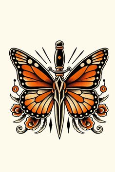 an orange butterfly with black and white details on it's wings, holding a knife