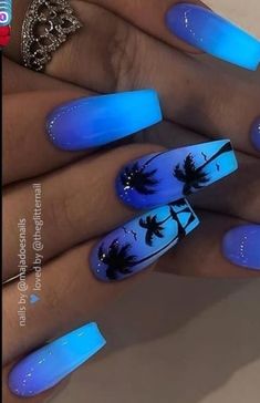 Blue Palm Tree Nails, Girly Acrylic Nails Blue, 2024 Summer Nail Ideas, Nokti Za Ljeto, Nokti Za Leto, Camping Nails, Aloha Nails, Hawaiian Nails, Rainbow French