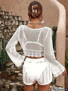 Orcajump - Hollow Out Knitted Tie Front Cover Up, Long Sleeve Solid White Boho Style Cover Up Top Without Bikini, Women's Swimwear & Clothing Women's Swimwear, Swimwear Outfit, Sheer Fabrics, Autumn Summer, Womens Swimwear, Boho Style, White Shorts, Boho Fashion, Collar Styles