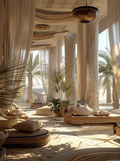 a large room with lots of white drapes and palm trees in the background,