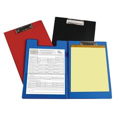 three folders with clipboards attached to each one and a clipboard on the other