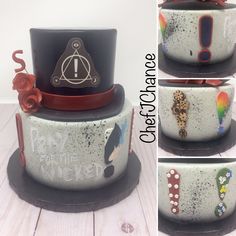 this is a three tiered cake decorated with harry potter symbols