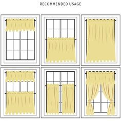 four different types of curtains with the words recommended usage in each window, and an image of