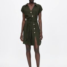 Zara Dress- Green New With Tags! Womens Linen Dresses, Dress Zara, Linen Mini Dress, Safari Style, Fashion Catalogue, Linen Women, Linen Dress, Zara Dresses, Zara Women