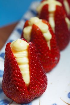 three different shots of desserts with fruit on them