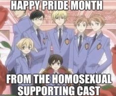 some people in suits and ties are posing for a picture with roses behind them, text reads happy pride month from the homosexual supporting cast