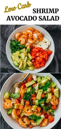 two bowls filled with shrimp, avocado and tomato salad next to each other