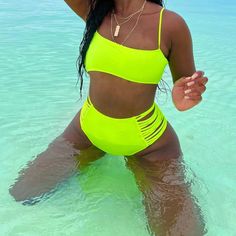 All Side Piece Bikini - Neon Yellow Color: Yellow (Neon) Size: Small Description: Wear This Luscious Neon Bikini For Your Next Vacation. Whether On A Yacht Or At A Beach Club, This Is The Best Outfit For Your Next Trip. Please Note That The Bikini Top Run Small, So It's Great For Those With Pear Shapes And Smaller Busts. Details: 2 Piece Set Tube With Straps Adjustable High Waist Bottom Cage Sides Final Sale 82% Nylon 18% Spandex Neon Yellow Swimsuit, Neon Swimsuit, Neon Bikinis, Triangle Swimsuit, High Waist Bottoms, Yellow Fashion, Swimwear Fashion, 2 Piece Set, Neon Yellow