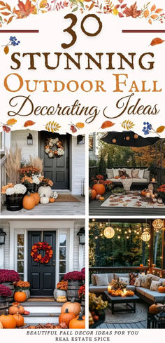 Says 30 Stunning outdoor fall decorating ideas with 4 images of outdoor fall decor front porch wreath flowers welcome mat area rug wreaths string lights pumpkins candles lanterns below says beautiful fall ideas for you Fall Deck, Fall Patio, Outdoor Fall Decor Ideas, Outdoor Fall Decor, Fall Front Door Decor, Outdoor Decor Ideas, Pumpkin Display, Fall Front Porch Decor, Fall Decor Ideas