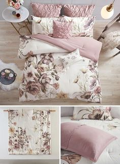 this is a collage of photos with flowers on the bed