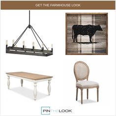 the farmhouse house look board is shown with chairs, table and cow silhouette on it