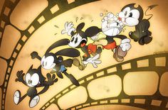 three cartoon characters are flying through the air in front of a film strip and camera