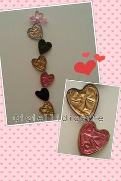 two pictures of heart shaped chocolates on a pink and white background with hearts attached to them