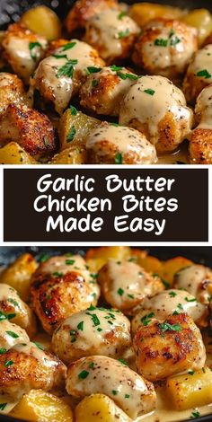 garlic butter chicken bites made easy in the crock pot with potatoes and onions on top