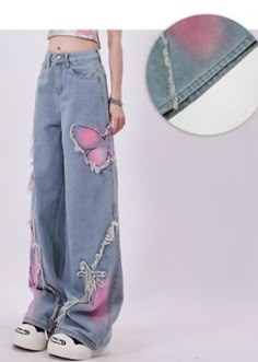 [Brand] Rayohopp   ■ Details   Denim pants with a butterfly design.  The wide silhouette makes it easy to handle, and the Y2K vibe gives it a sophisticated style.  Recommended for those who want to create a baggy street style look.   ■ Color   black / blue   ■ Fabric   cotton (75%) / polyester (25%)    ■ Model Size   M / 160cm / 45kg   * There may be individual differences depending on preferences and body type.    ■ Size            Size (cm)         Length         Waist         Hip         Leg opening              S         105         70      96      57              M         106         74      100      59              L         107         76      104    61           XL         108         80      108    63 Baggy Street Style, Butterfly Patchwork, Butterfly Patch, Color Butterfly, Crop Top Dress, Blue Fits, Baggy Pants, Denim Details, Tomboy Fashion