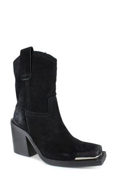 A pronounced square toe and chunky block heel add to the bold style of this Western boot done in supple suede. 3 1/2" heel; 1" platform 6 1/2" shaft Pull-on style Leather upper, lining and sole Made in Italy Suede Boots With Stacked Heel And Square Toe, Trendy Suede Boots With Block Heel, Suede Heeled Boots With Square Toe, Suede Pointed Toe Platform Boots, Suede Platform Boots With Pointed Toe, Square Toe Suede Heeled Boots, Suede Platform Boots With Reinforced High Heel, Fall Suede High Heel Platform Boots, Suede High Heel Platform Boots For Fall