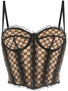 Gucci haut corset à motif GG Net Noir, beige, soie stretch, style corset, motif Supreme GG brodé, brides porté épaule ajustables, encolure cœur, fermeture à œillets et agrafes au dos, coupe courte, ourlet asymétrique, bordure en dentelle. Net Corset, Corset Top Black, Silk Corset, Gucci Top, Black Corset Top, Lace Corset Top, Black Corset, Lace Corset, Van Cleef Arpels