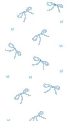 blue bows and butterflies are flying in the air on a white background with light blue outlines