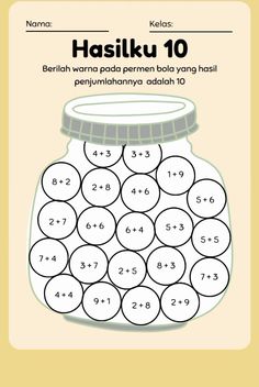 a jar filled with lots of numbers on top of a yellow sheet that says hasilku