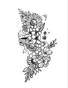 a black and white drawing of flowers