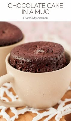 chocolate cake in a mug with text overlay