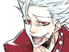 an anime character with white hair and red eyes is smiling at the camera while wearing a red jacket