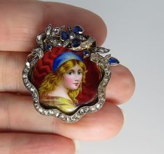 Exceptional estate victorian 18k rose cut diamond sapphire brooch pin enamal portrait painting of the utmost quality. this is a investment piece in great shape. approx 2 carat blue sapphires and rose cuts 2 carats or more. supper fine quality all around. 15.5 grams. hallmarked. estate said french but not sure. 1900's beautiful piece. 34mm size . could use a profesional cleaning. Baby Rings, Wide Band Rings, 2 Carat, Pinky Ring, Diamond Fashion, Wide Bands, Rose Cut Diamond, Rose Cut, Portrait Painting