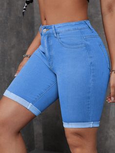 Medium Wash Casual Collar  Denim Plain Biker Shorts Embellished High Stretch  Women Clothing Women Denim Shorts, Shorts Denim, Shorts Casual, Denim Shorts Women, Shorts Jeans, Cute Simple Outfits, Short En Jean, Casual Denim, Biker Shorts