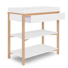 a white table with two shelves on each side and an open drawer underneath the shelf