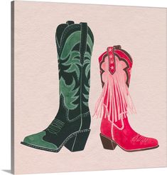 two pairs of cowboy boots with fringes on the heel, one red and one green