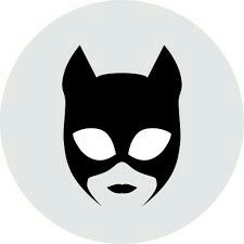 a black cat mask with white eyes on a gray circle background, in the shape of a man's face