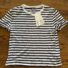 Brand New. Basic White Zara T-shirt, Black And White Crew Neck Tops For Spring, Casual Black And White Cotton Top, Black And White Short Sleeve Top For Spring, Striped T Shirt, Zara Black, Zara Tops, Colorful Shirts, Zara