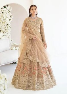 Serene Premium Embroidered Fleur 3Pc Net Suit S-1064 GOLD ORCHID Eid Dresses Pakistani, Net Sleeves, Dupatta Style, Pakistani Designer Clothes, Gold Orchid, Dress Name, Organza Sleeves, Eid Dresses, Embroidered Organza