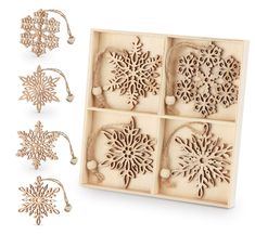 wooden snowflakes and ornaments are shown in four different shapes, including one with an ornament