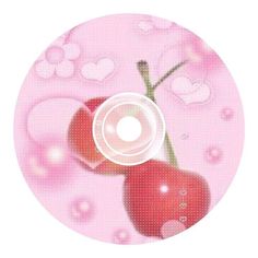 a pink cd with two cherries on the disc and hearts in the back ground