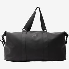 a black leather duffel bag on a white background