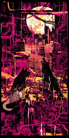 two wolfs standing in front of a cityscape with neon lights and buildings