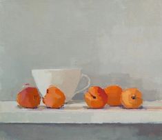 an oil painting of oranges and a white cup on a counter top with grey background