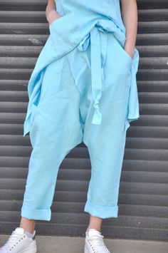 "Harem Linen Pants, Wide Leg Pants, Linen Clothing ◾ Blue mint LINEN pants. Loose harem pants. Summer comfortable quality linen pants. Aqua blue pants of high-quality Eco linen! Elastic westband. Two pockets. The pants are very comfy, Soft linen fabric. They have a sporty elegant style. Loose fitting. Color: Mint ✂ Fabric: 100% lINEN ◾ The style was originally designed and professionally constructed by me. Each item of my shop is specially packaged with a lot of concern! Handmade in a pet-free a Sporty Elegant Style, Plus Size Linen Pants, Mint Fabric, Plus Size Linen, Pants Linen, Drop Crotch Pants, Pants Baggy, White Linen Dresses, Pants Plus Size