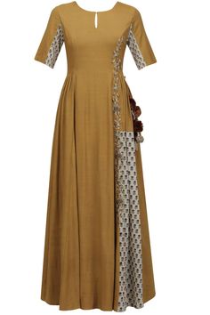 Mustard printed floral zari embroidered kalidaar anarkali kurta available only at Pernia's Pop Up Shop. Long Dress Design, Salwar Kamiz, Anarkali Kurta, Anarkali Dress, Indian Attire, Manish