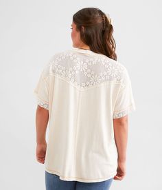 Women's Pieced Floral Lace Top In Cream By Daytrip., Women's Beige Raw edge high low hem top Bust measures 48 on size small Body length 25 on size small. Self: 83% Rayon 13% Polyester 4% Spandex. Crochet: 100% Cotton. Hand wash cold with like colors. Do not bleach. Lay flat to dry. Cool iron if needed. Apparel & Accessories > Clothing > Shirts & Tops Relaxed Fit Lace Trim Top For Daywear, Relaxed Fit Tops With Lace Trim For Daywear, Casual Lace Trim Tops For Daywear, Relaxed Fit Lace Trim Short Sleeve Tops, Relaxed Fit Short Sleeve Tops With Lace Trim, Floral Lace Top, Womens Lace Tops, Floral Lace Tops, Hem Top