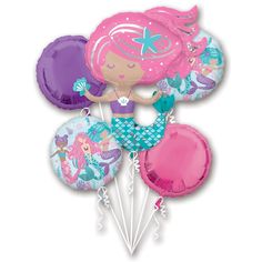 the little mermaid balloon bouquet is pink, purple and blue with starfishs on it